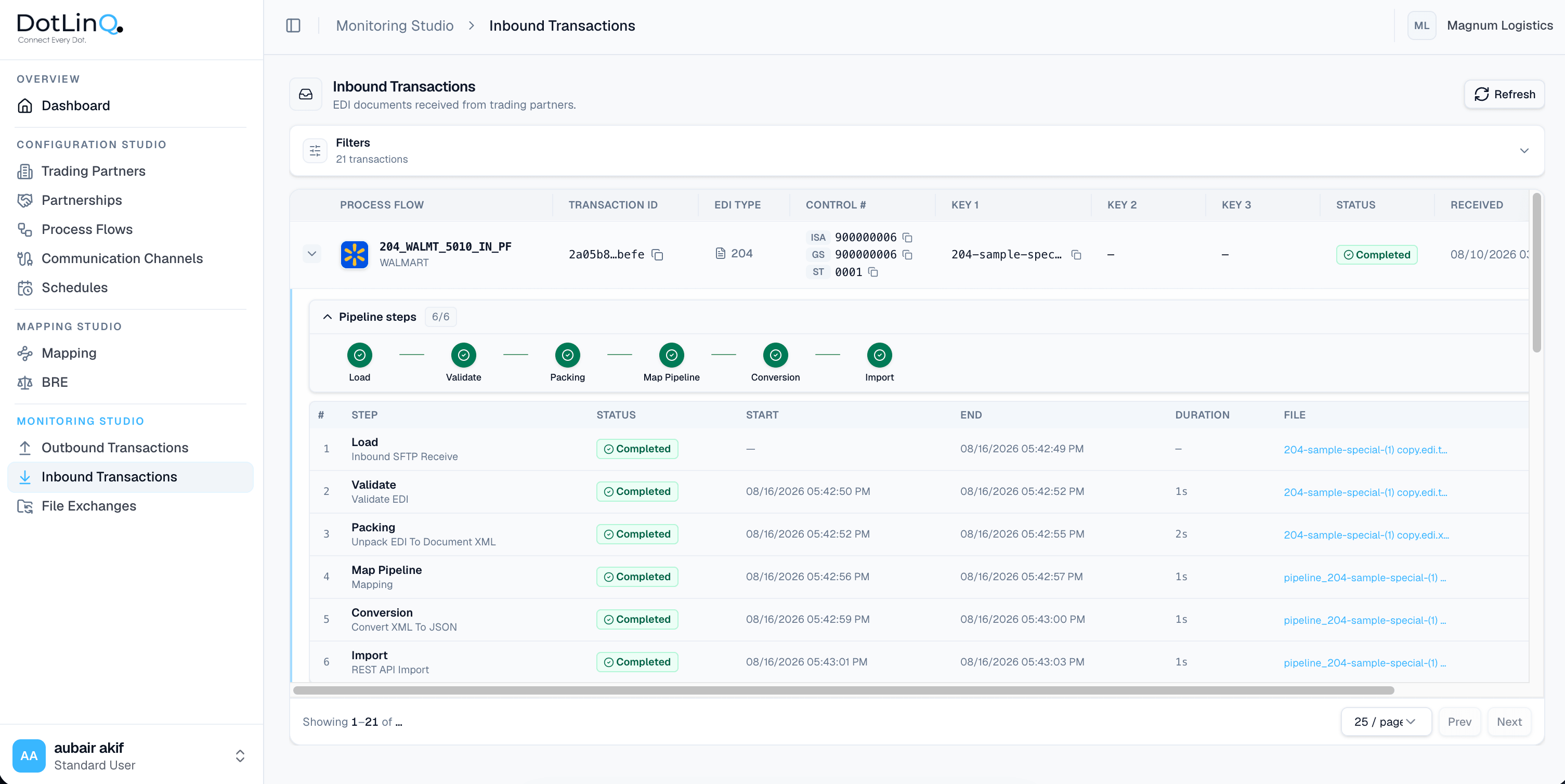 DotLinQ Monitoring Studio — inbound transaction with step-level status from load through validate, packing, mapping, conversion, and import