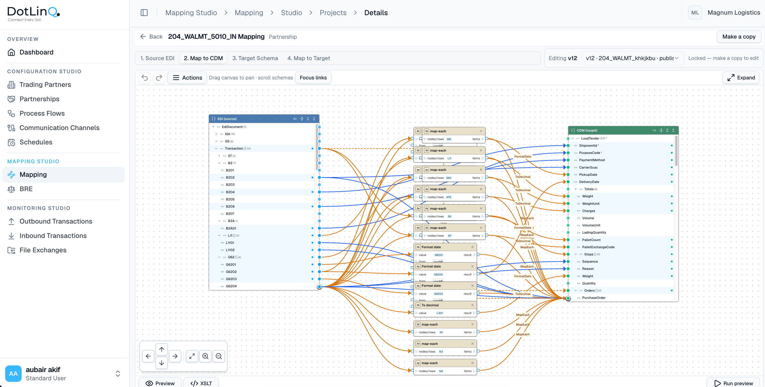 DotLinQ Mapping Studio — Intelligent Mapping Engine from X12 source segments through a canonical document model into your target schema